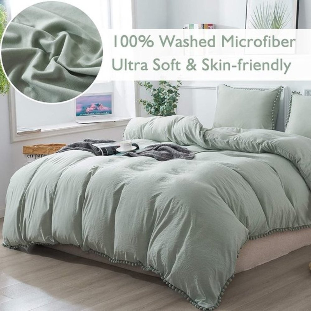 UO 3 Pieces Queen Green Pom Pom Fringe Duvet Cover - Picture 4 of 9